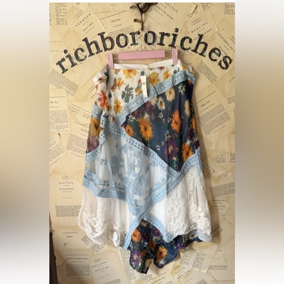 Anthropologie Printed Mermaid Maxi Skirt Embroider Mesh Floral Mix Blue Motif - Picture 6 of 7